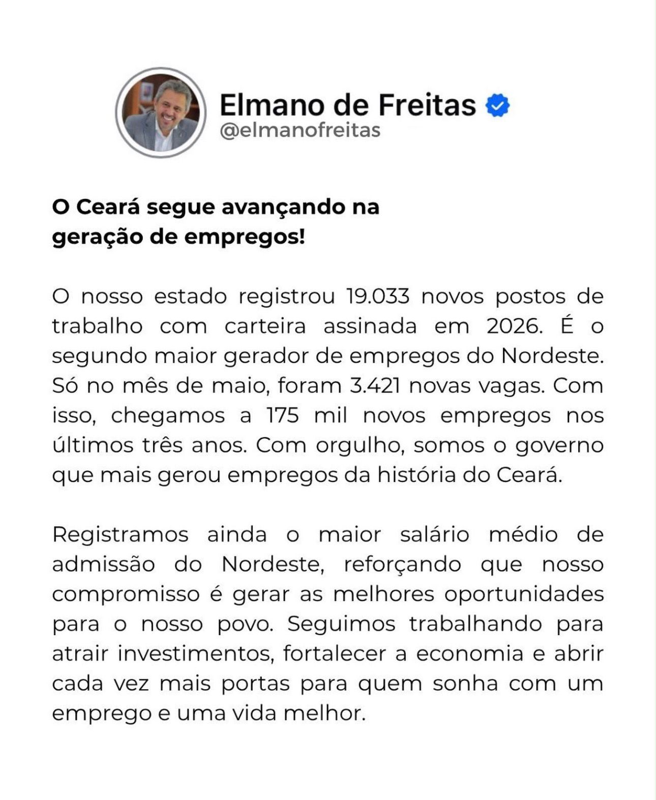 Ceará registra mais de 19 mil novos empregos formais em 2026 e lidera geração de vagas no Nordeste